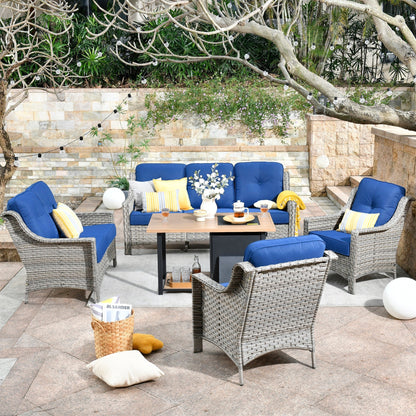 OVIOS 5-piece Patio Wicker Conversation Set With Fire Table
