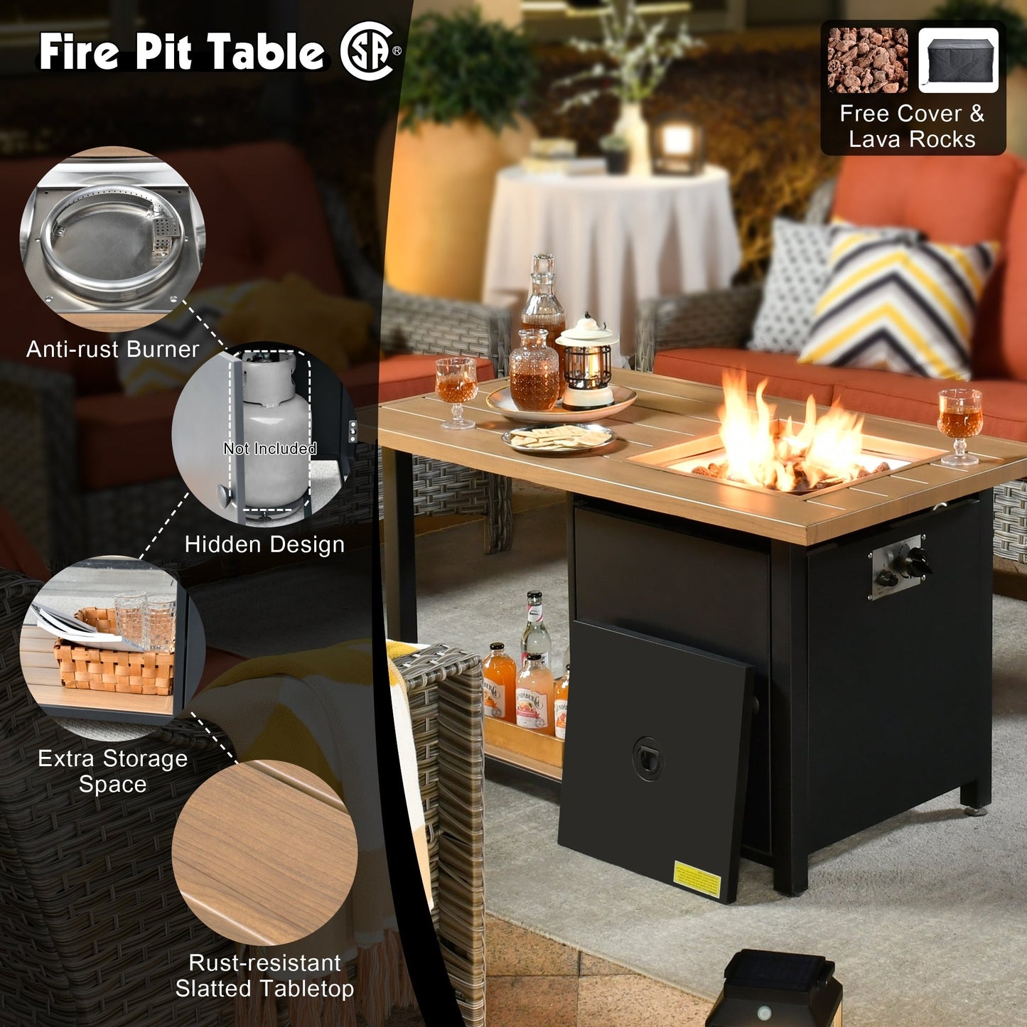 OVIOS 5-piece Patio Wicker Conversation Set With Fire Table