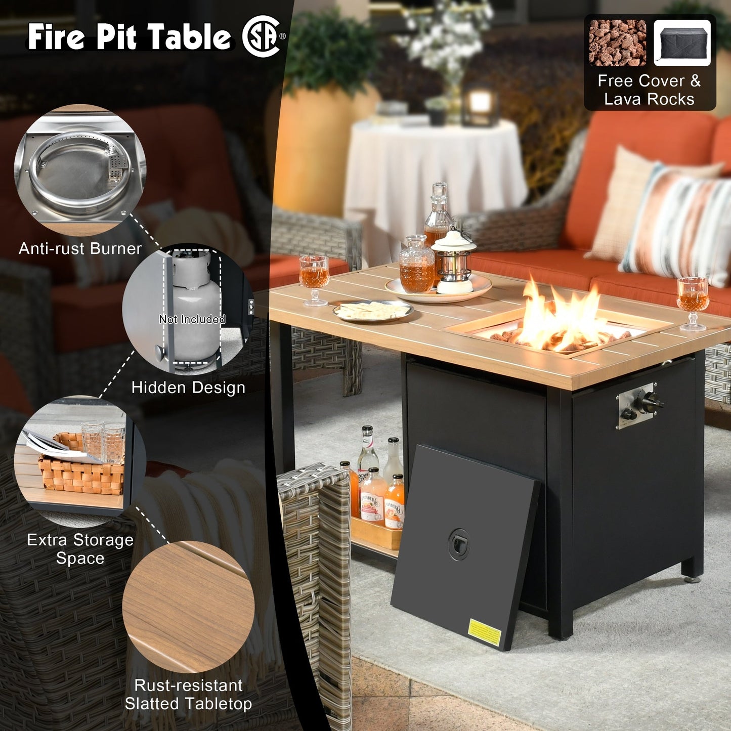 OVIOS 5-piece Patio Wicker Conversation Set With Fire Table