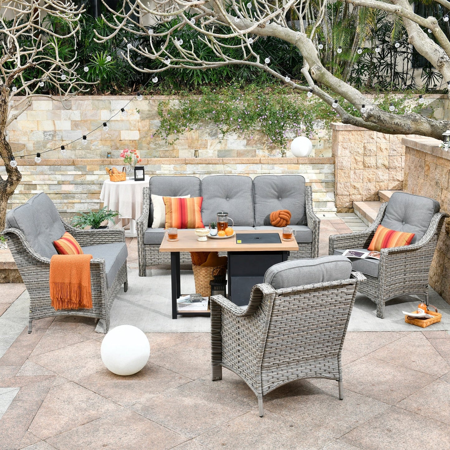 OVIOS 5-piece Patio Wicker Conversation Set With Fire Table