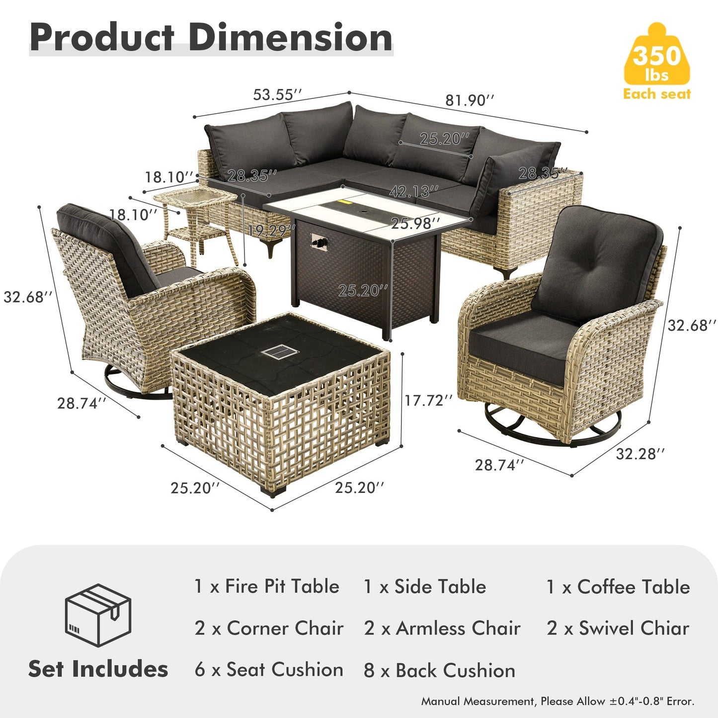 OVIOS 9 Pieces Outdoor Wicker Swivel Chair Set With Fire Table
