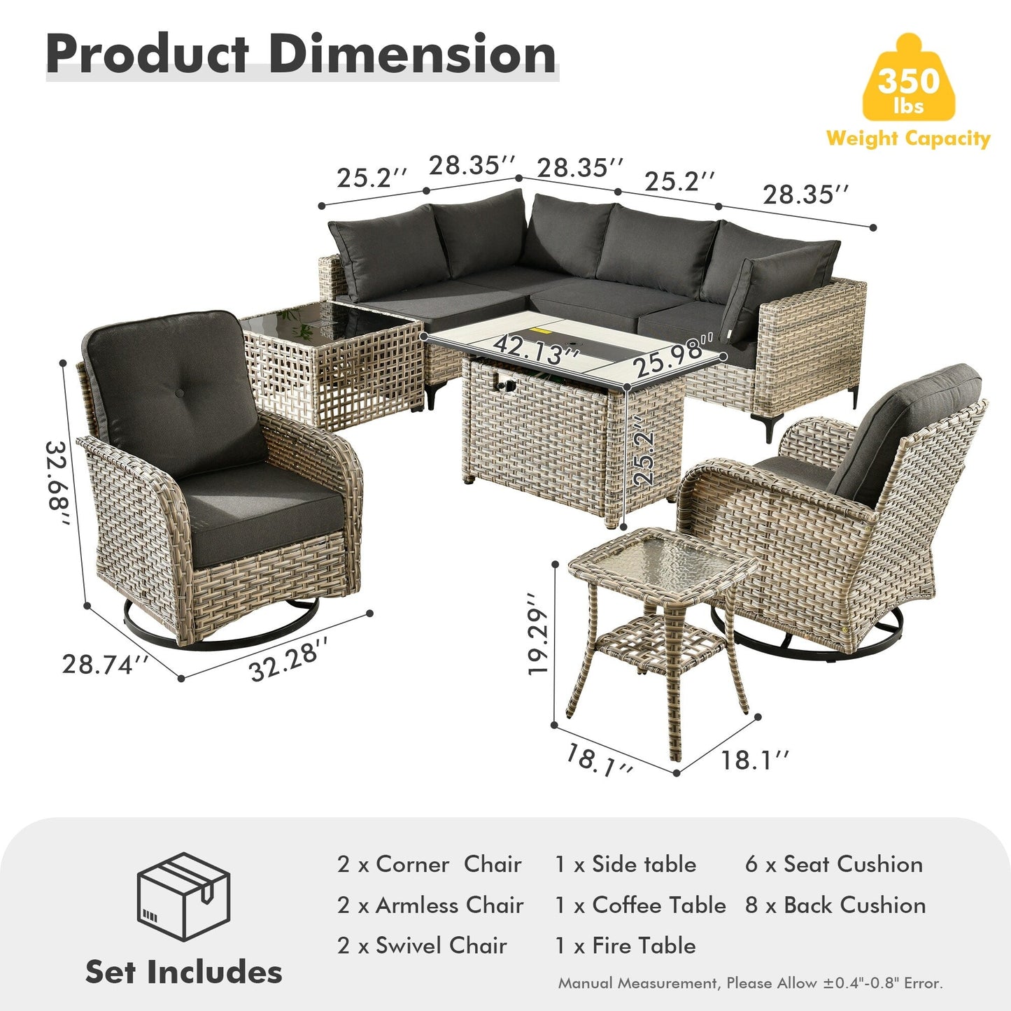 OVIOS 9 Pieces Outdoor Wicker Swivel Chair Set With Fire Table
