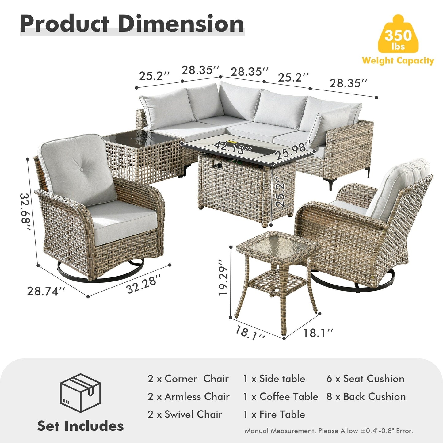 OVIOS 9 Pieces Outdoor Wicker Swivel Chair Set With Fire Table
