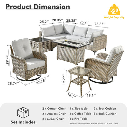 OVIOS 9 Pieces Outdoor Wicker Swivel Chair Set With Fire Table