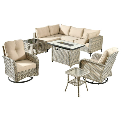 OVIOS 9 Pieces Outdoor Wicker Swivel Chair Set With Fire Table