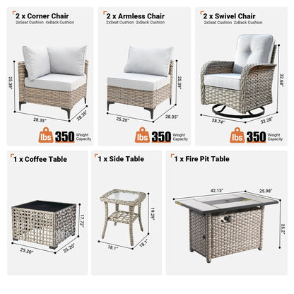 OVIOS 9 Pieces Outdoor Wicker Swivel Chair Set With Fire Table