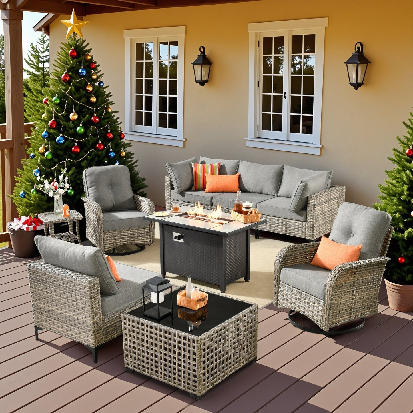 OVIOS 9 Pieces Outdoor Wicker Swivel Chair Set With Fire Table