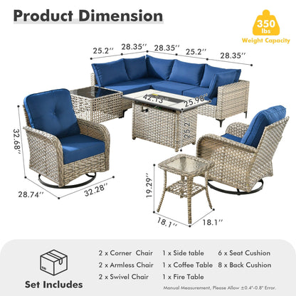 OVIOS 9 Pieces Outdoor Wicker Swivel Chair Set With Fire Table