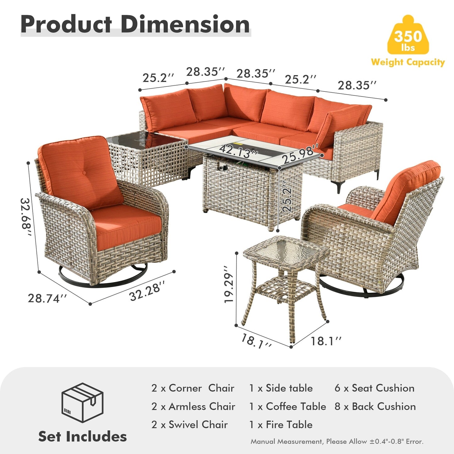 OVIOS 9 Pieces Outdoor Wicker Swivel Chair Set With Fire Table
