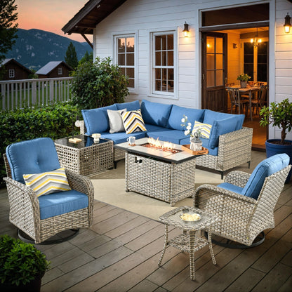 OVIOS 9 Pieces Outdoor Wicker Swivel Chair Set With Fire Table