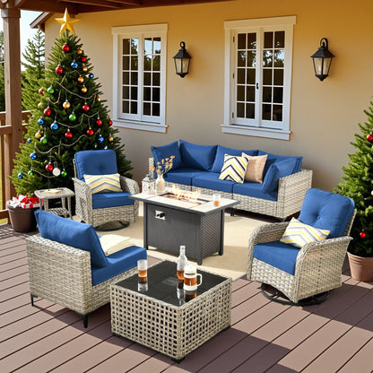OVIOS 9 Pieces Outdoor Wicker Swivel Chair Set With Fire Table