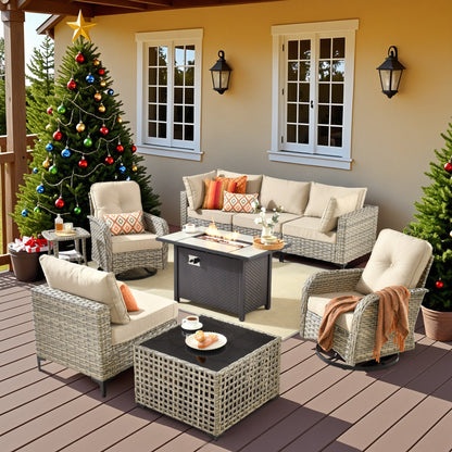 OVIOS 9 Pieces Outdoor Wicker Swivel Chair Set With Fire Table
