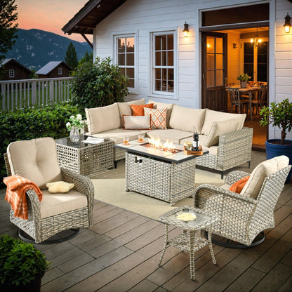 OVIOS 9 Pieces Outdoor Wicker Swivel Chair Set With Fire Table