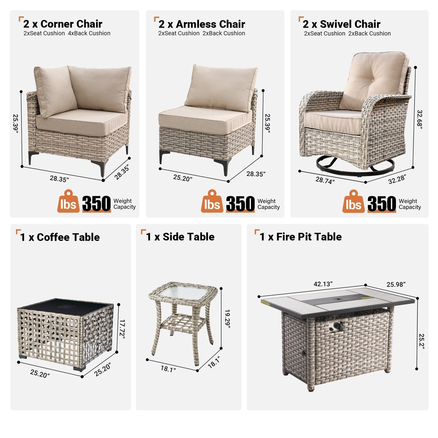 OVIOS 9 Pieces Outdoor Wicker Swivel Chair Set With Fire Table
