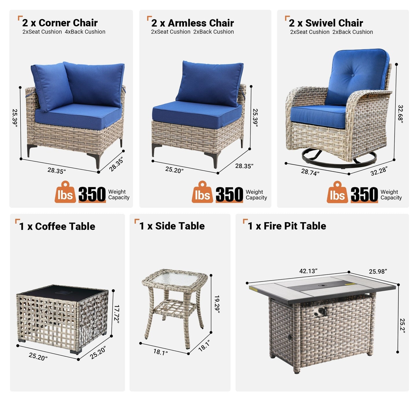 OVIOS 9 Pieces Outdoor Wicker Swivel Chair Set With Fire Table
