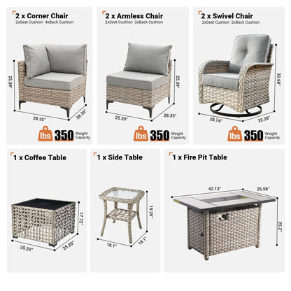 OVIOS 9 Pieces Outdoor Wicker Swivel Chair Set With Fire Table