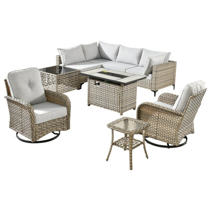 OVIOS 9 Pieces Outdoor Wicker Swivel Chair Set With Fire Table