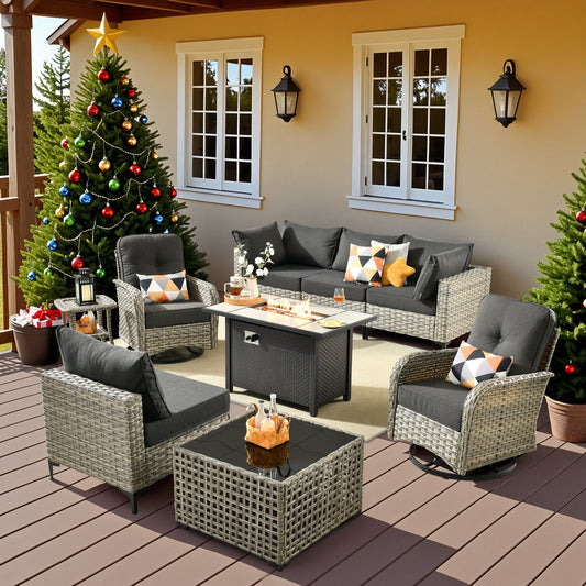 OVIOS 9 Pieces Outdoor Wicker Swivel Chair Set With Fire Table
