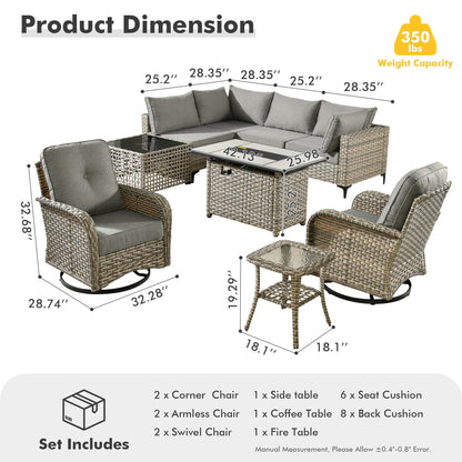 OVIOS 9 Pieces Outdoor Wicker Swivel Chair Set With Fire Table