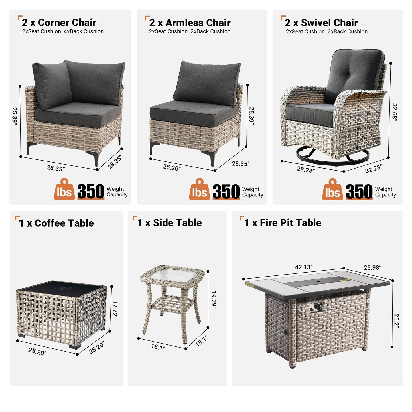 OVIOS 9 Pieces Outdoor Wicker Swivel Chair Set With Fire Table