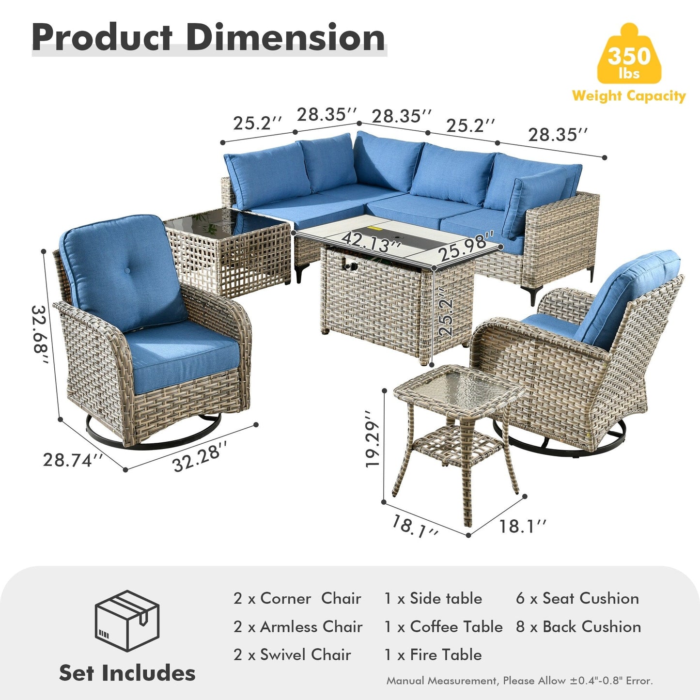 OVIOS 9 Pieces Outdoor Wicker Swivel Chair Set With Fire Table