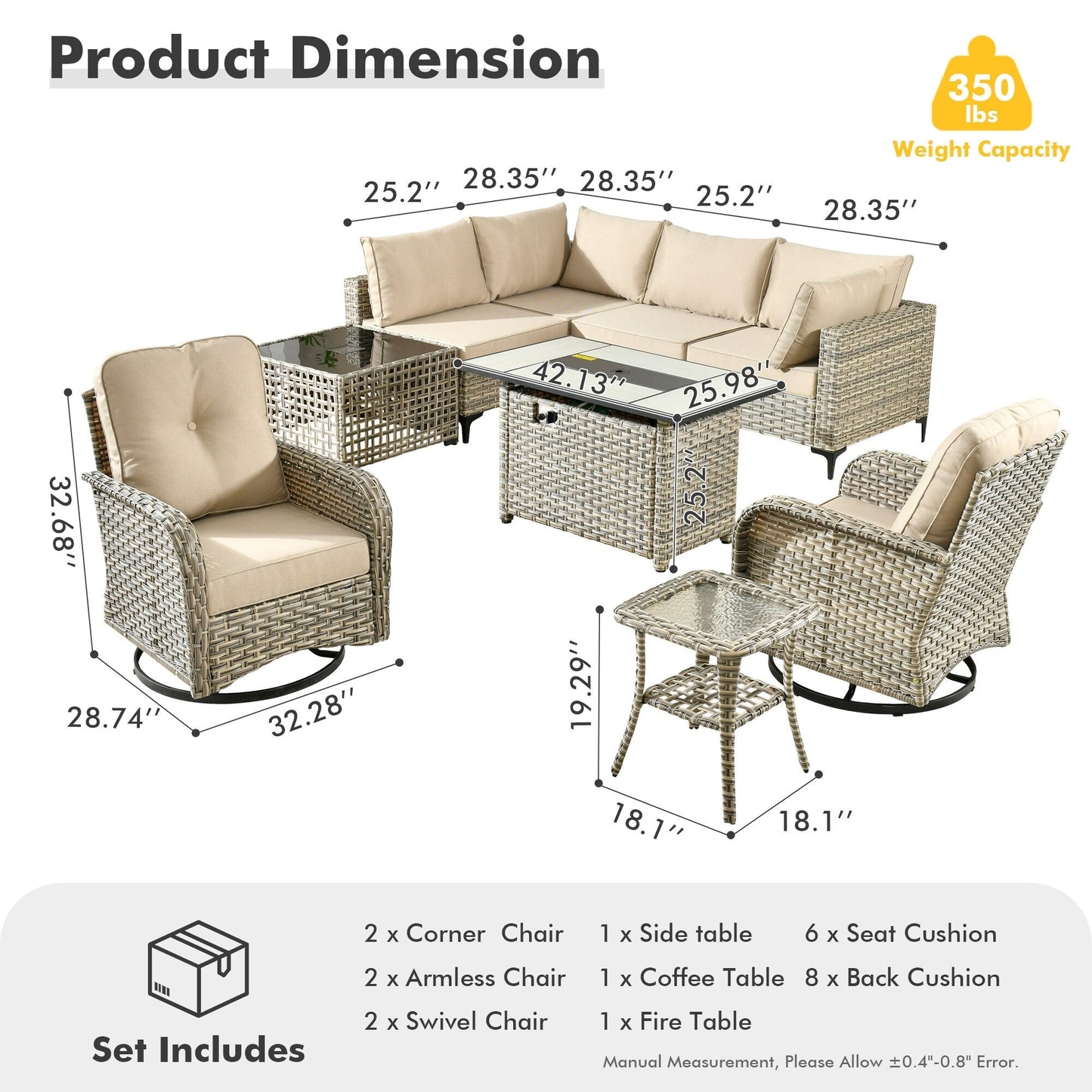OVIOS 9 Pieces Outdoor Wicker Swivel Chair Set With Fire Table