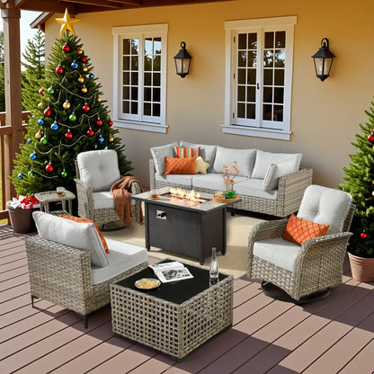OVIOS 9 Pieces Outdoor Wicker Swivel Chair Set With Fire Table