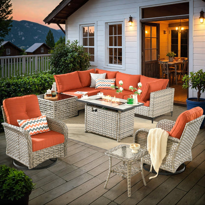 OVIOS 9 Pieces Outdoor Wicker Swivel Chair Set With Fire Table