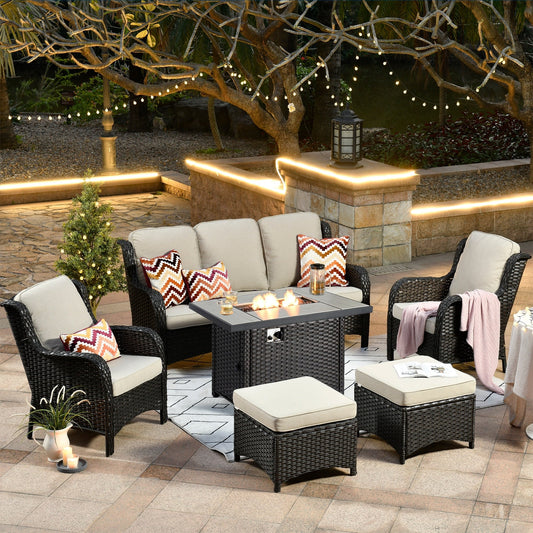 OVIOS 6-piece Patio Wicker Furniture Set With 42 Fire Pit Table