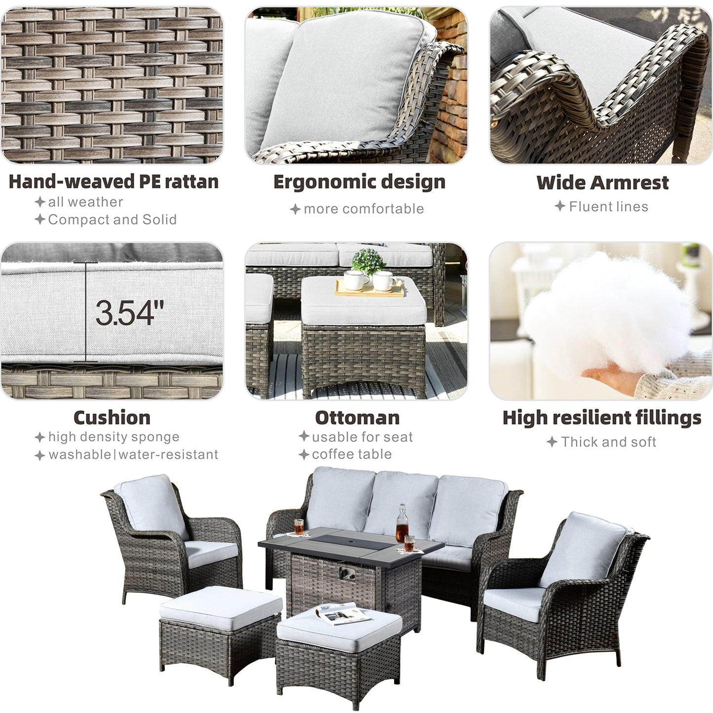 OVIOS Grey Wicker 6-piece Patio Furniture Set With Rectangular Fire Pit