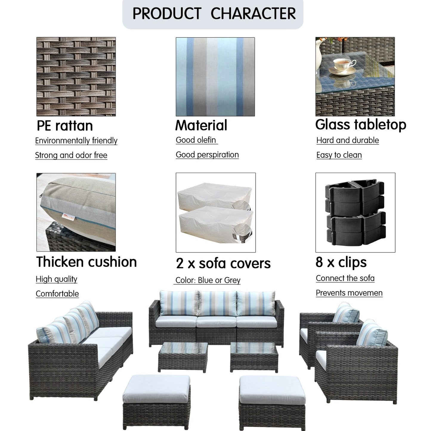 OVIOS Sunbrella Fabric Patio 9&12 Pieces Outdoor Sectional Set