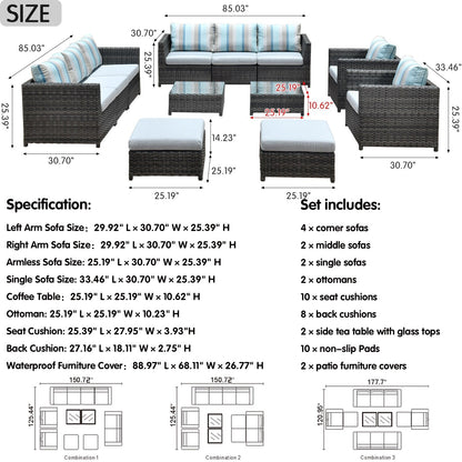 OVIOS Sunbrella Fabric Patio 9&12 Pieces Outdoor Sectional Set