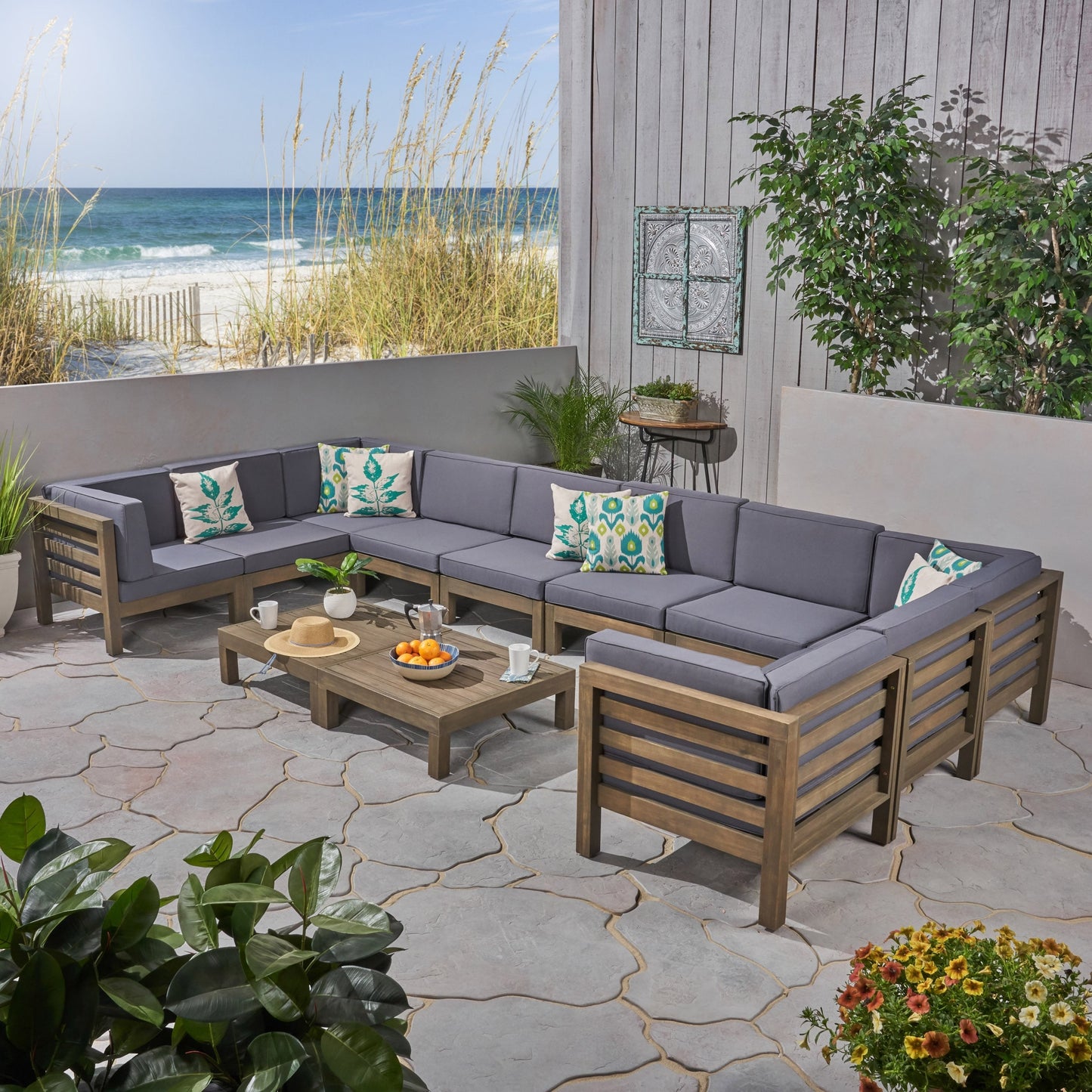 Oana Outdoor 12-Piece U-Shaped Acacia Wood Sectional Sofa Set by Christopher Knight Home