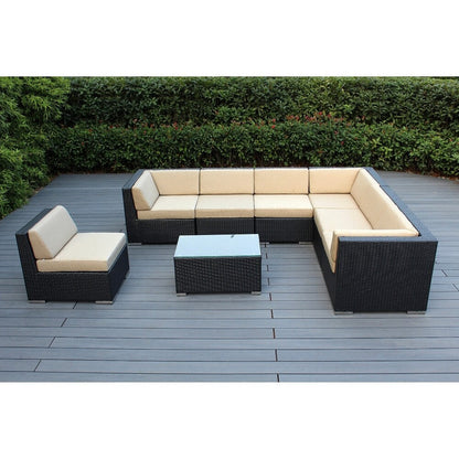 Ohana Outdoor Patio 8 Piece Black Wicker Sectional Set with Cushions - No Assembly
