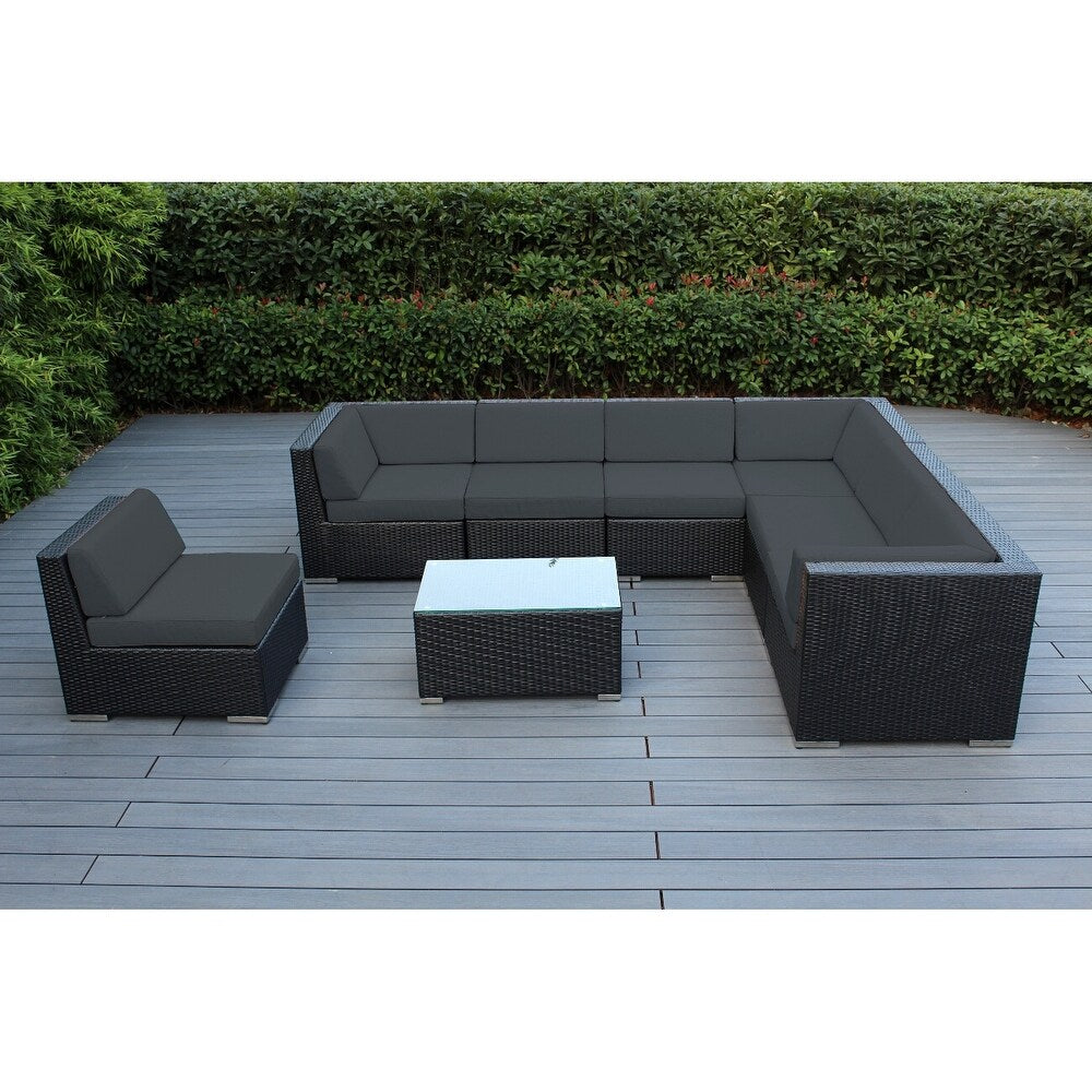 Ohana Outdoor Patio 8 Piece Black Wicker Sectional Set with Cushions - No Assembly