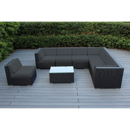 Ohana Outdoor Patio 8 Piece Black Wicker Sectional Set with Cushions - No Assembly
