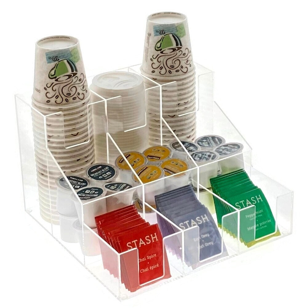OnDisplay Acrylic Break Room Coffee Station Organizer for Cups/Lids/Sugar/Coffee Pods/Tea and more