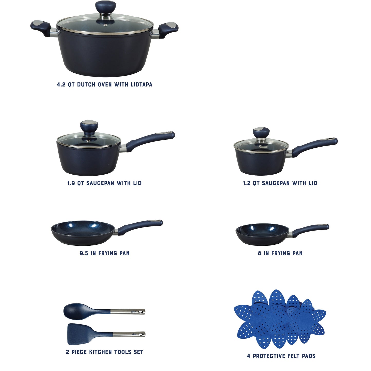Oster Hawke 14 Piece Aluminum Premium PFA Free Ceramic Nonstick Blue Sapphire Pots and Pans Cookware Set W/ Induction Base