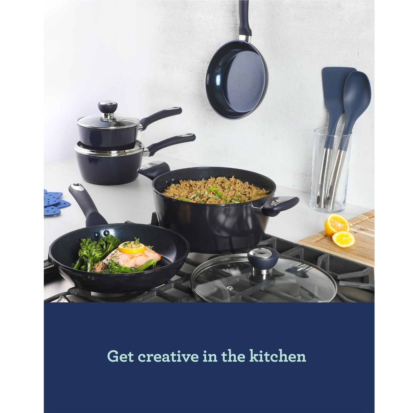 Oster Hawke 14 Piece Aluminum Premium PFA Free Ceramic Nonstick Blue Sapphire Pots and Pans Cookware Set W/ Induction Base
