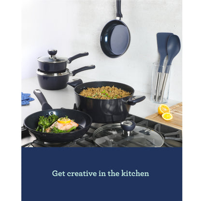Oster Hawke 14 Piece Aluminum Premium PFA Free Ceramic Nonstick Blue Sapphire Pots and Pans Cookware Set W/ Induction Base