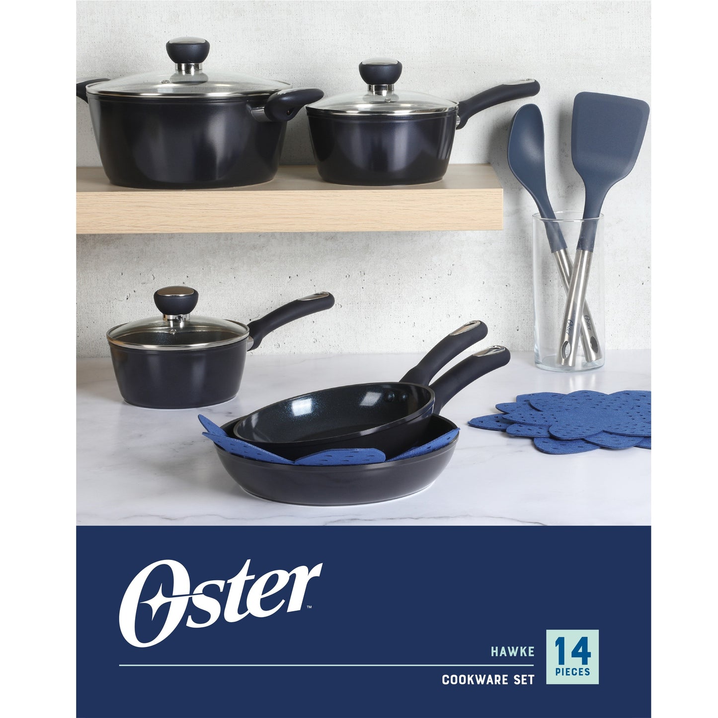 Oster Hawke 14 Piece Aluminum Premium PFA Free Ceramic Nonstick Blue Sapphire Pots and Pans Cookware Set W/ Induction Base