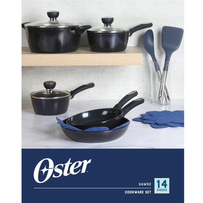 Oster Hawke 14 Piece Aluminum Premium PFA Free Ceramic Nonstick Blue Sapphire Pots and Pans Cookware Set W/ Induction Base