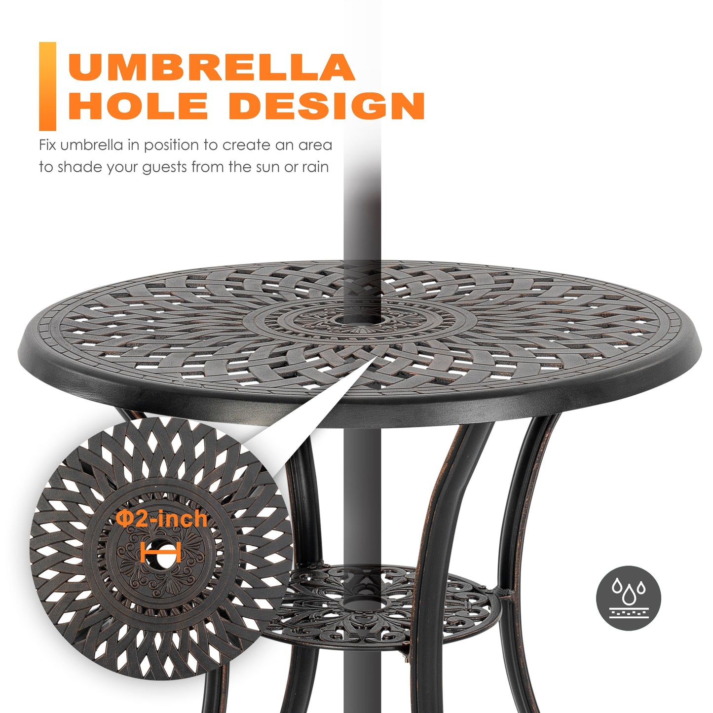 Outdoor 2-Person Cast Aluminum Bistro Set with Umbrella Hole