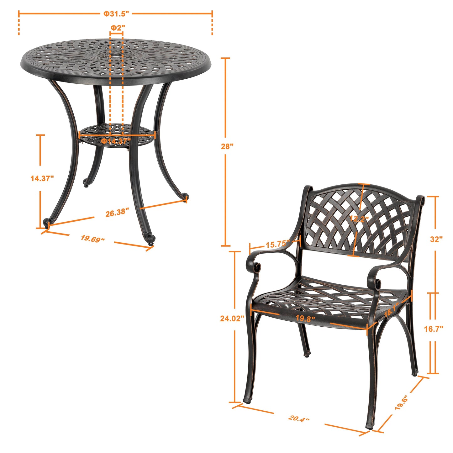 Outdoor 2-Person Cast Aluminum Bistro Set with Umbrella Hole