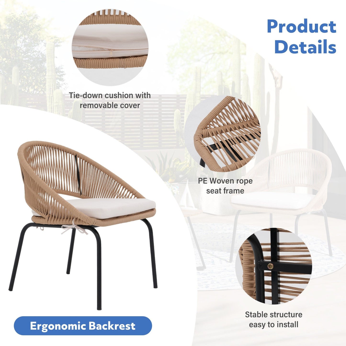 Outdoor 3 Piece Upholstered Wicker Patio Furniture Chair Modern Parlor Set