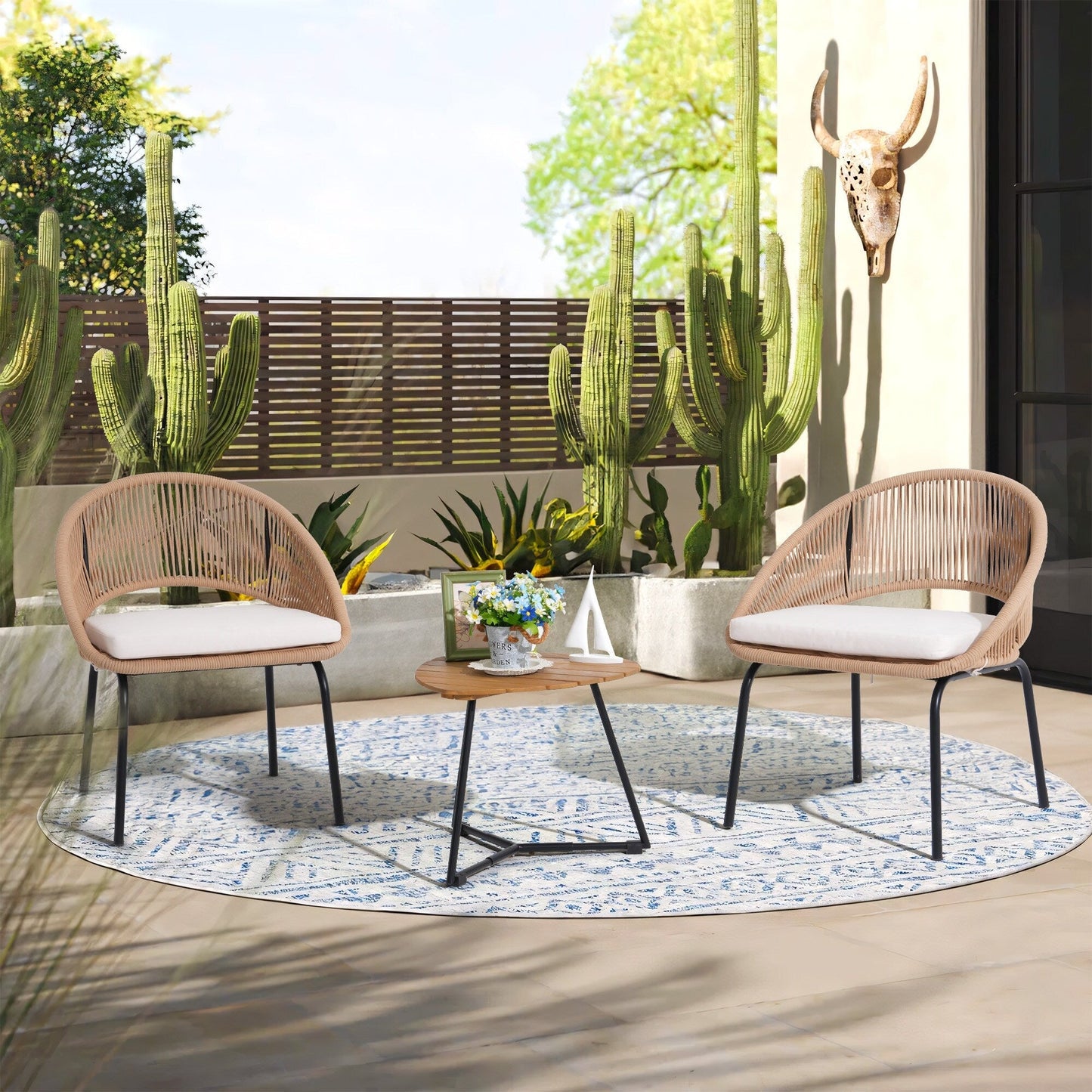 Outdoor 3 Piece Upholstered Wicker Patio Furniture Chair Modern Parlor Set