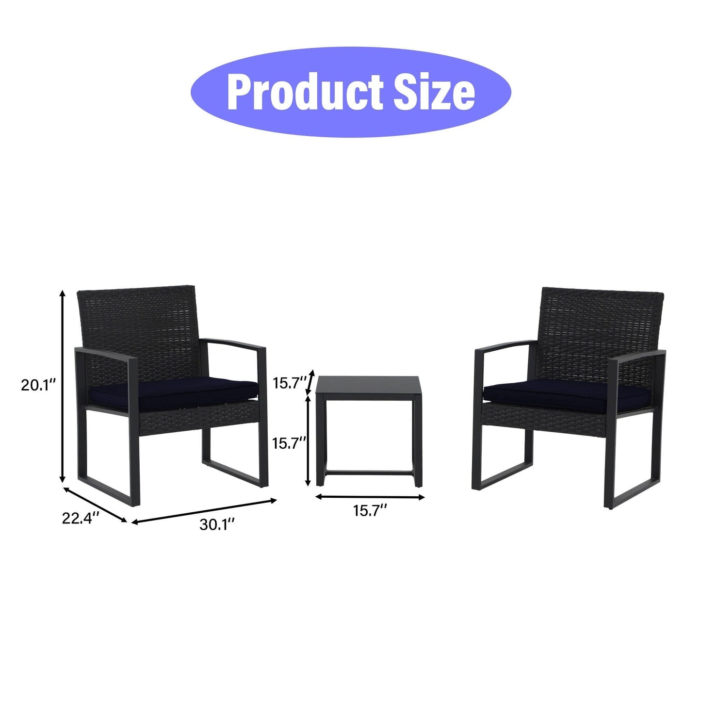 Outdoor 3 Pieces Wicker Chat Set with Cushions - N/A