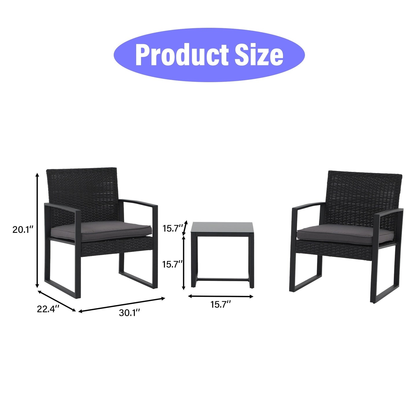 Outdoor 3 Pieces Wicker Chat Set with Cushions - N/A