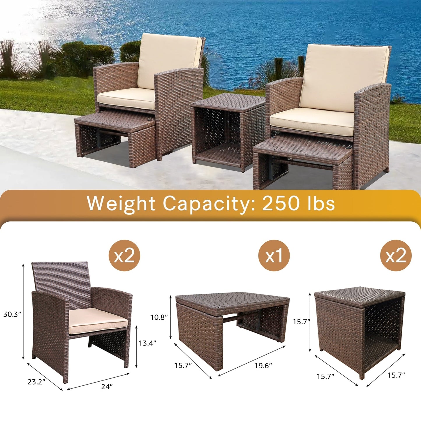 Outdoor 5-piece Brown Rattan Wicker Conversation Set