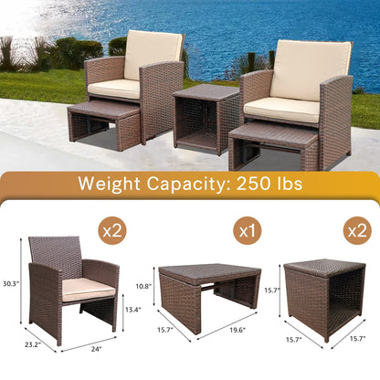 Outdoor 5-piece Brown Rattan Wicker Conversation Set